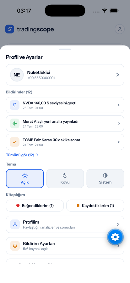 Profil ve ayarlar ekranı