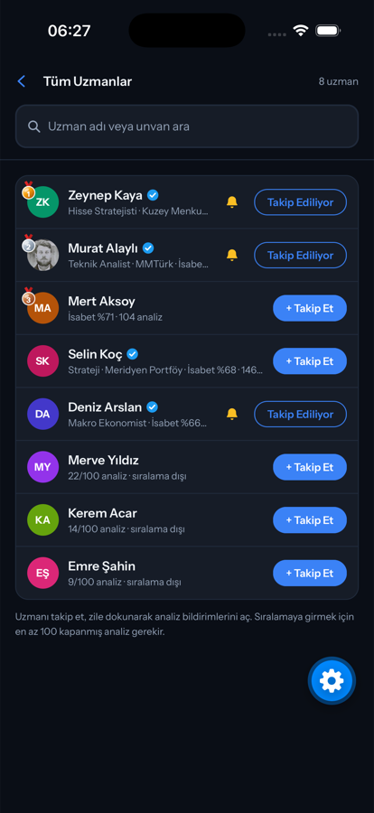 Uzmanlar listesi ekranı